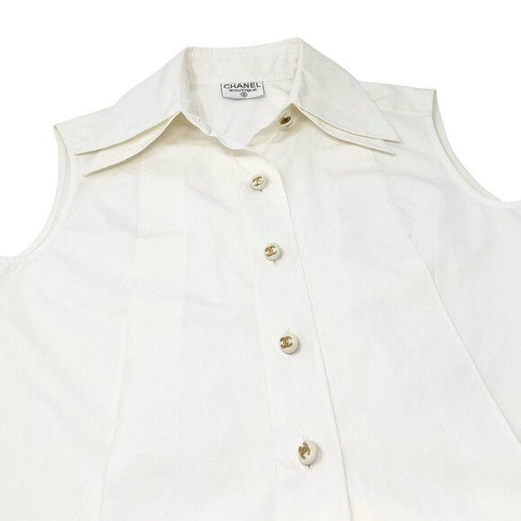 CHANEL Vintage CC Mark Logo Button Up Sleeveless Shirt Top White Gold [105371] - Picture 5 of 12